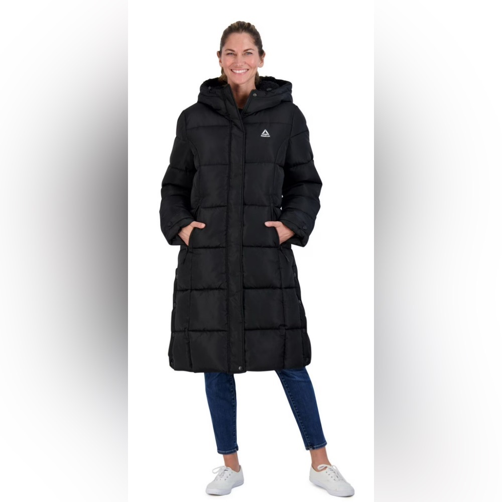 Reebok Women's Long Puffer Black Winter Waterproof Jacket Large Size NWT